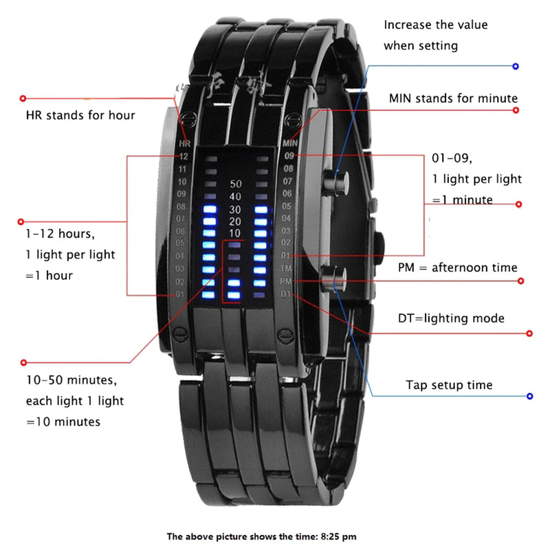 Men Watch 50m Waterproof Lava Watch Double Row Lamp Led Watch Male Binary Steel Band Electronic Sport Watch Relogios Masculino