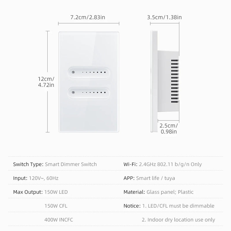 AVATTO Tuya WiFi Smart Dimmer Switch 1/2 Gang Dimmer Light Switch Touch Panel APP Remote Control For Alexa Google Home